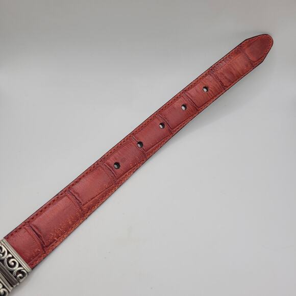 Red Black Leather Belt Medium Reversible Western Scroll Buckle Croc Embossed